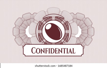 Red rosette or money style emblem with olive icon and Confidential text inside