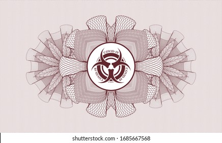 Red rosette (money style emblem) with biohazard covid-19 icon inside
