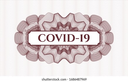 Red rosette (money style emblem) with text COVID-19 inside