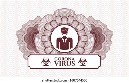 Rosette rojo (emblema del estilo del dinero) con un hombre con un icono de máscara facial y texto Coronavirus dentro