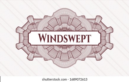 Red rosette (money style emblem) with text Windswept inside