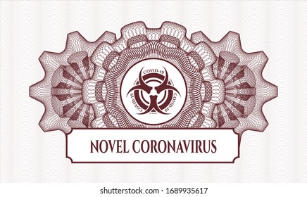 Red rosette (money style emblem) with biohazard covid-19 icon and Novel Coronavirus text inside
