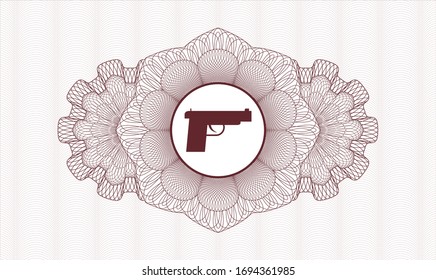 Red rosette or money style emblem with pistol icon inside