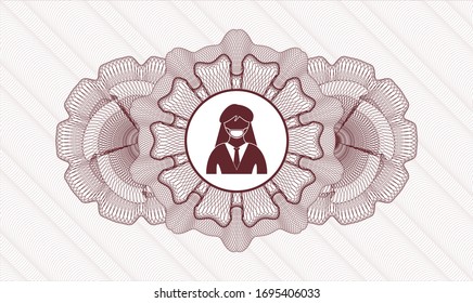 Red rosette (money style emblem) with woman wearing face mask icon inside