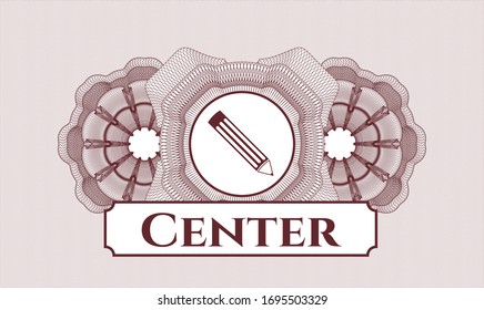 Red rosette or money style emblem with pencil icon and Center text inside