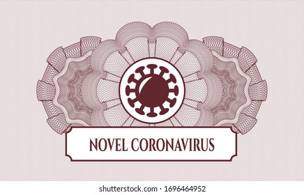 Red rosette or money style emblem with coronavirus icon and Novel Coronavirus text inside