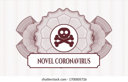 Red rosette (money style emblem) with crossbones icon and Novel Coronavirus text inside