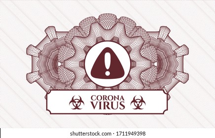 Estampilla roja o emblema tipo dinero. Ilustración vectorial. Detallado con icono de advertencia y texto Coronavirus dentro