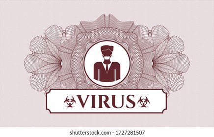 Red rosette (money style emblem). Vector Illustration. Detailed with man wearing face mask icon and Virus text inside