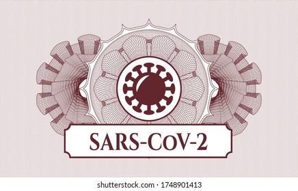 Red rosette (money style emblem). Vector Illustration. Detailed with coronavirus icon and SARS-CoV-2 text inside