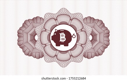 Red rosette or money style emblem. Vector Illustration. Detailed with bitcoin piggy bank icon inside