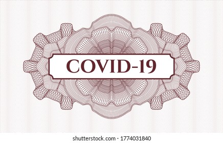 Red rosette (money style emblem). Vector Illustration. Detailed with text COVID-19 inside