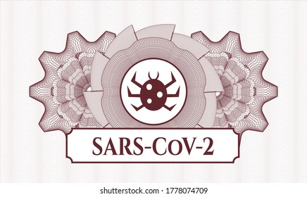 Estampilla roja o emblema del estilo del dinero. Ilustración vectorial. Detallado con icono de fallo y texto SARS-CoV-2 dentro