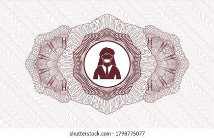 Red rosette or money style emblem. Vector Illustration. Detailed with woman wearing face mask icon inside