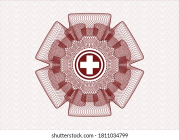 Red rosette or money style emblem. with medicine icon inside