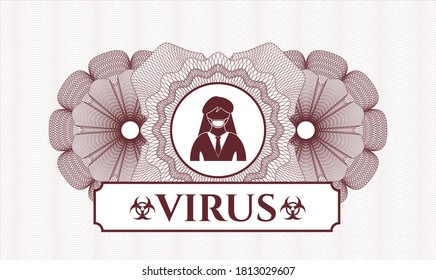 Red rosette or money style emblem. Vector Illustration. Detailed with woman wearing face mask icon and Virus text inside