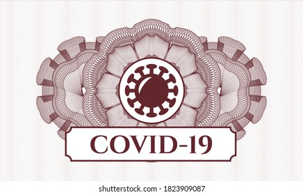Rosette rojo (emblema del estilo del dinero). Ilustración vectorial. Detallado con icono de coronavirus y texto COVID-19 dentro