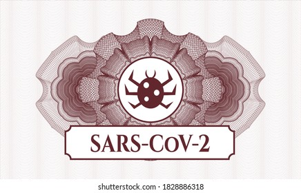 Red rosette (money style emblem). Vector Illustration. Detailed with bug icon and SARS-CoV-2 text inside