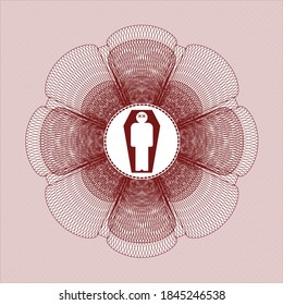 Red rosette or money style emblem. with dead man in his coffin icon inside
