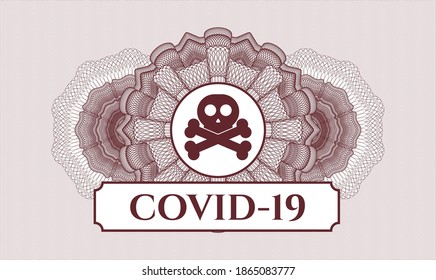 Red rosette (money style emblem). Vector Illustration. Detailed with crossbones icon and COVID-19 text inside
