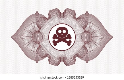 Red rosette or money style emblem. Vector Illustration. Detailed with crossbones icon inside