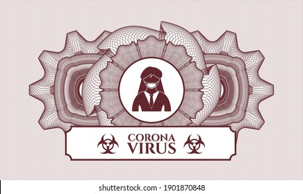 Estampilla roja o emblema del estilo del dinero. Ilustración vectorial. Detallado con mujer con icono de máscara facial y texto Coronavirus dentro
