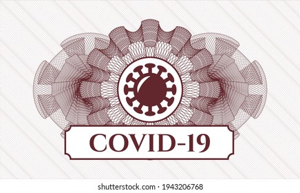 Red rosette or money style emblem. Vector Illustration. Detailed with coronavirus icon and COVID-19 text inside