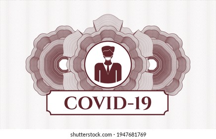 Red rosette (money style emblem). Vector Illustration. Detailed with man wearing face mask icon and COVID-19 text inside