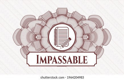 Red rosette (money style emblem). Vector Illustration. Detailed with notebook with pencil icon and Impassable text inside