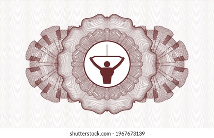 Red rosette or money style emblem. Vector Illustration. Detailed with lat pull down, exercise icon inside