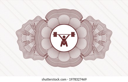 Red rosette (money style emblem). Vector Illustration. Detailed with snatch, weightlifting icon inside