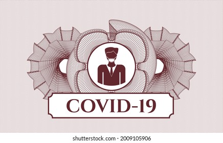 Red rosette or money style emblem. Vector Illustration. Detailed with man wearing face mask icon and COVID-19 text inside