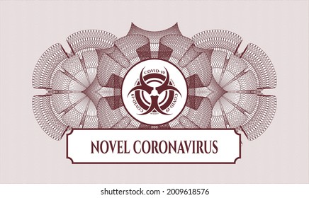 Rosette (Geldstil). Vektorgrafik. Detaillierte Angaben mit dem Biogefährdungssymbol covid-19 und dem Text von Novel Coronavirus