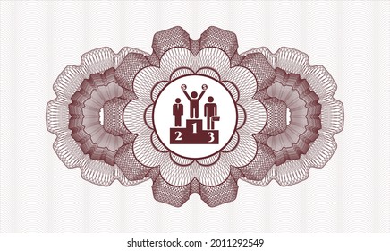 Red rosette (money style emblem). Vector Illustration. Detailed with business competition, podium icon inside