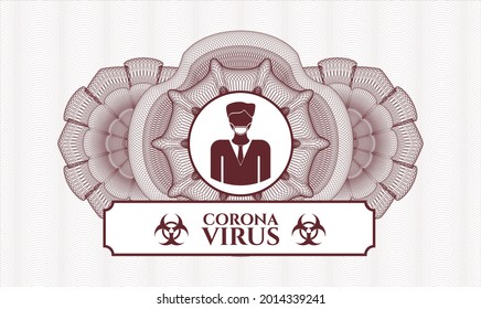 Red rosette or money style emblem. Vector Illustration. Detailed with man wearing face mask icon and Coronavirus text inside