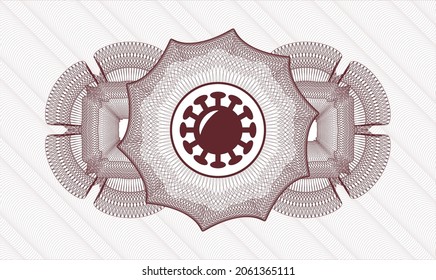Red rosette or money style emblem. Vector Illustration. Detailed with coronavirus icon inside