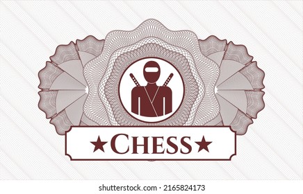 Red rosette or money style emblem. Vector Illustration. Detailed with ninja icon and Chess text inside