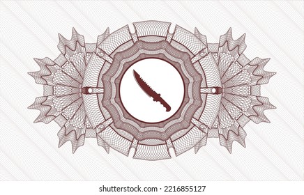 Red rosette or money style emblem. Vector Illustration. Detailed with combat knife icon inside