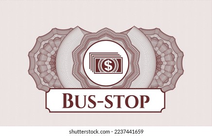 Red rosette (money style emblem). Vector Illustration. Detailed with money icon and Bus-stop text inside