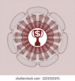 Red rosette or money style emblem. with trophy with money symbol inside icon inside
