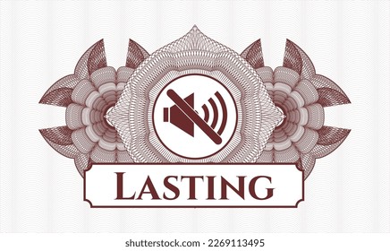 Red rosette (money style emblem). Vector Illustration. Detailed with mute icon and Lasting text inside