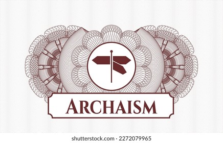 Red rosette or money style emblem. Vector Illustration. Detailed with directions sign icon and Archaism text inside