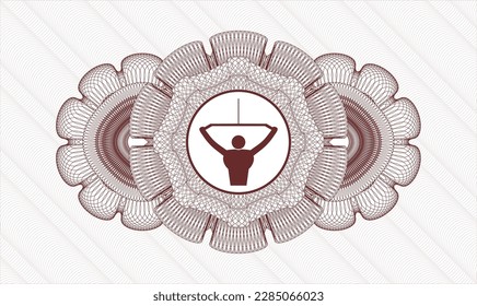 Red rosette or money style emblem. Vector Illustration. Detailed with lat pull down, exercise icon inside