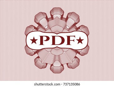 Red rosette or money style emblem with text PDF inside