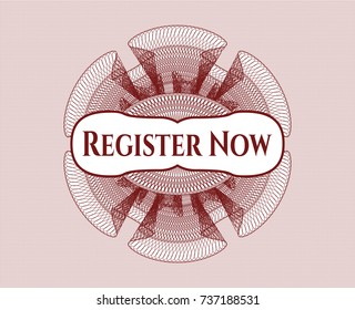 Red rosette (money style emblem) with text Register Now inside