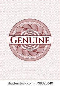 Red rosette or money style emblem with text Genuine inside