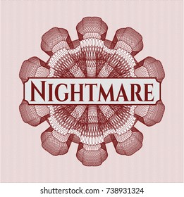 Red rosette or money style emblem with text Nightmare inside
