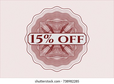 Red rosette or money style emblem with text 15% off inside