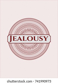 Red rosette or money style emblem with text Jealousy inside