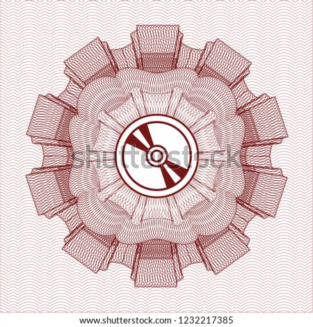 Red rosette (money style emblem) with CD or DVD disc icon inside